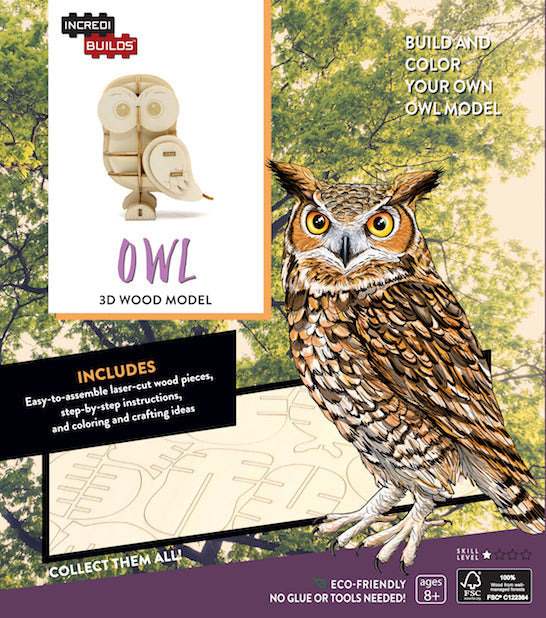 IncrediBuilds Owl 3D wood model kit by Insight Editions, assembled owl figure made of natural wood for gift or stationery.