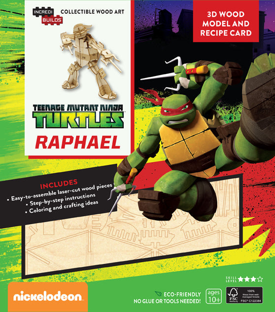 Teenage Mutant Ninja Turtles Raphael 3D wood model kit with recipe card from IncrediBuilds, featuring detailed Raphael figure and stationery.