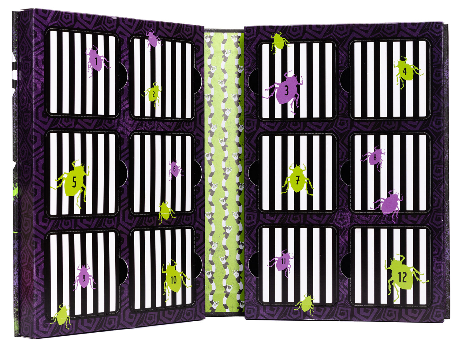 Hardbound "12 Days of Beetlejuice" kit by Insight Editions showing a colorful cover and detailed illustrations.