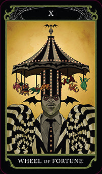 Beetlejuice Tarot Deck and Guide kit with softbound guidebook, featuring spooky, themed tarot cards from Insight Editions.