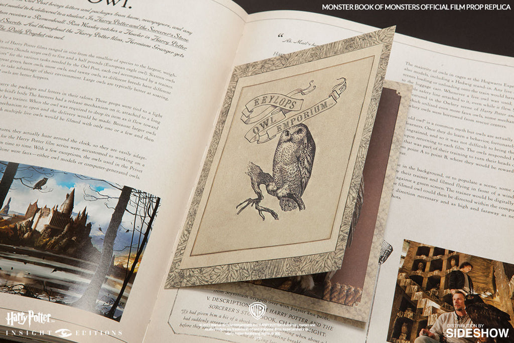 Limited edition Harry Potter Monster Book of Monsters film prop replica by Insight Editions, showing detailed cover and interior pages.