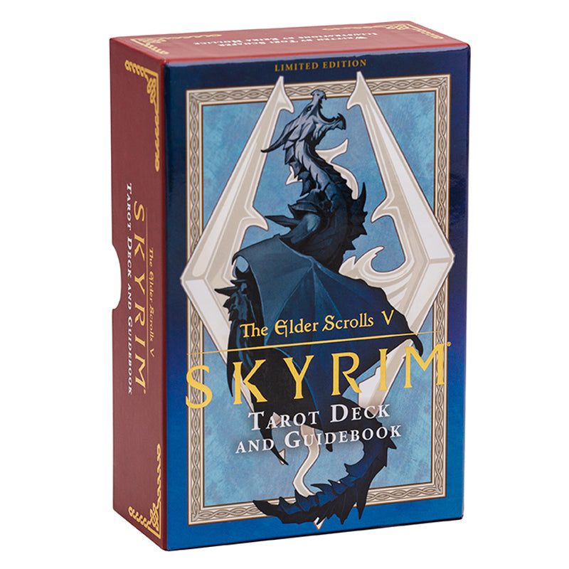 Limited edition Skyrim Tarot Deck and Guidebook by Insight Editions, featuring fantasy artwork and game-themed cards.