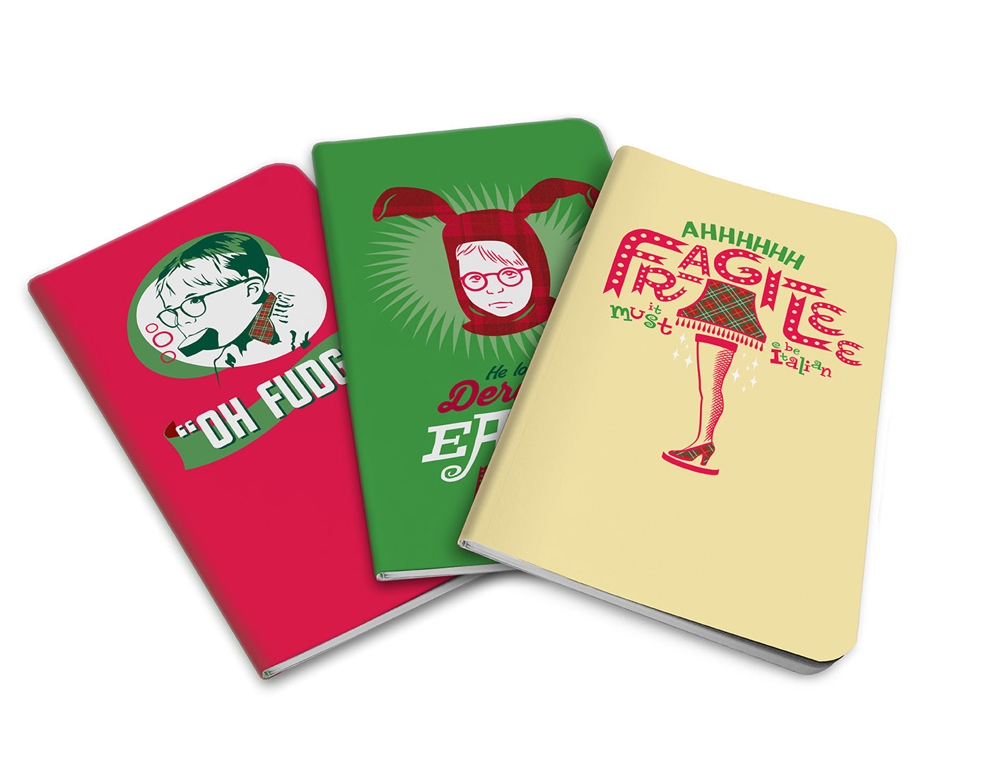 Set of 3 softcover Christmas Story pocket notebooks by Insight Editions, featuring festive holiday-themed covers.