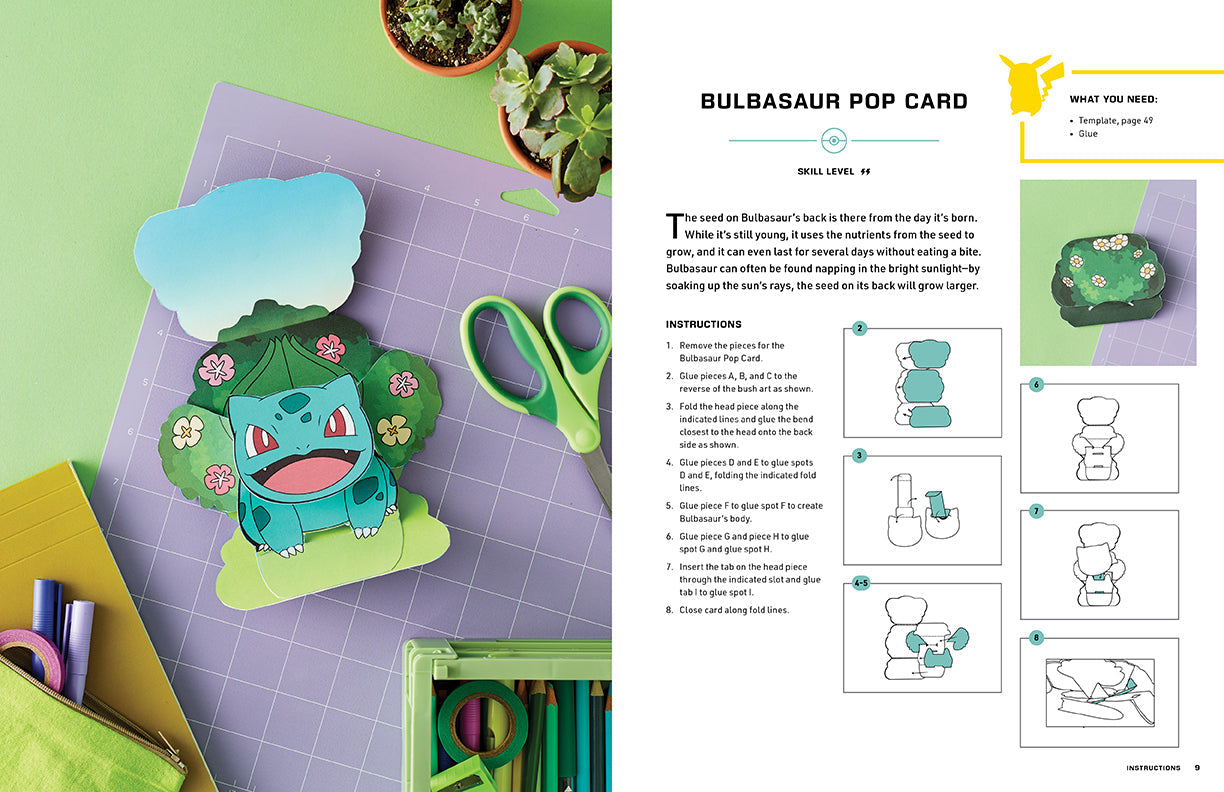 Softcover book titled Amazing Pokemon Paper Crafts by Insight Editions featuring colorful paper craft illustrations.