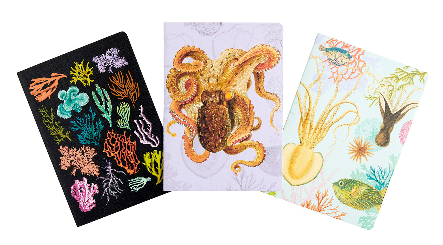 Set of three Insight Editions softcover notebooks from the Art of Nature Under the Sea collection, featuring sewn binding and ocean-inspired covers.