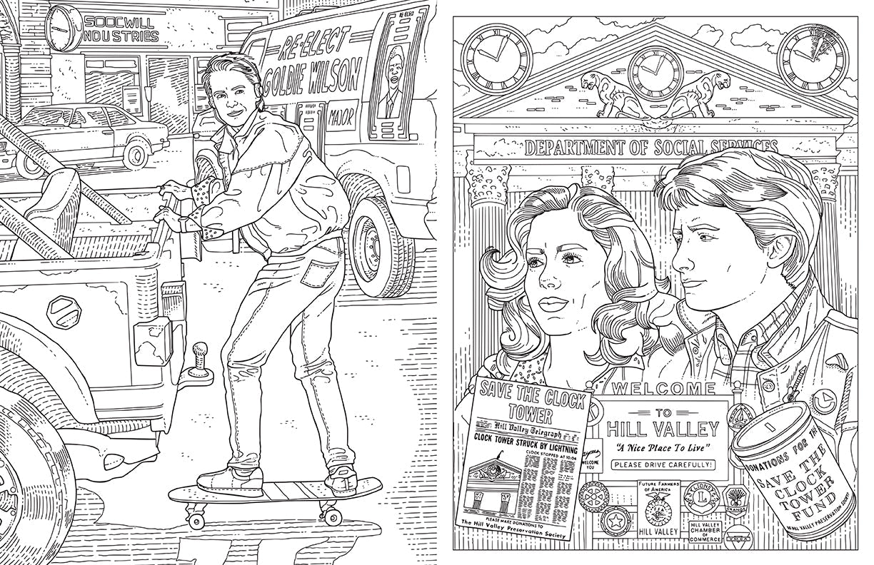 Softcover coloring book titled "Back to the Future" by Insight Editions featuring iconic scenes and characters from the film.