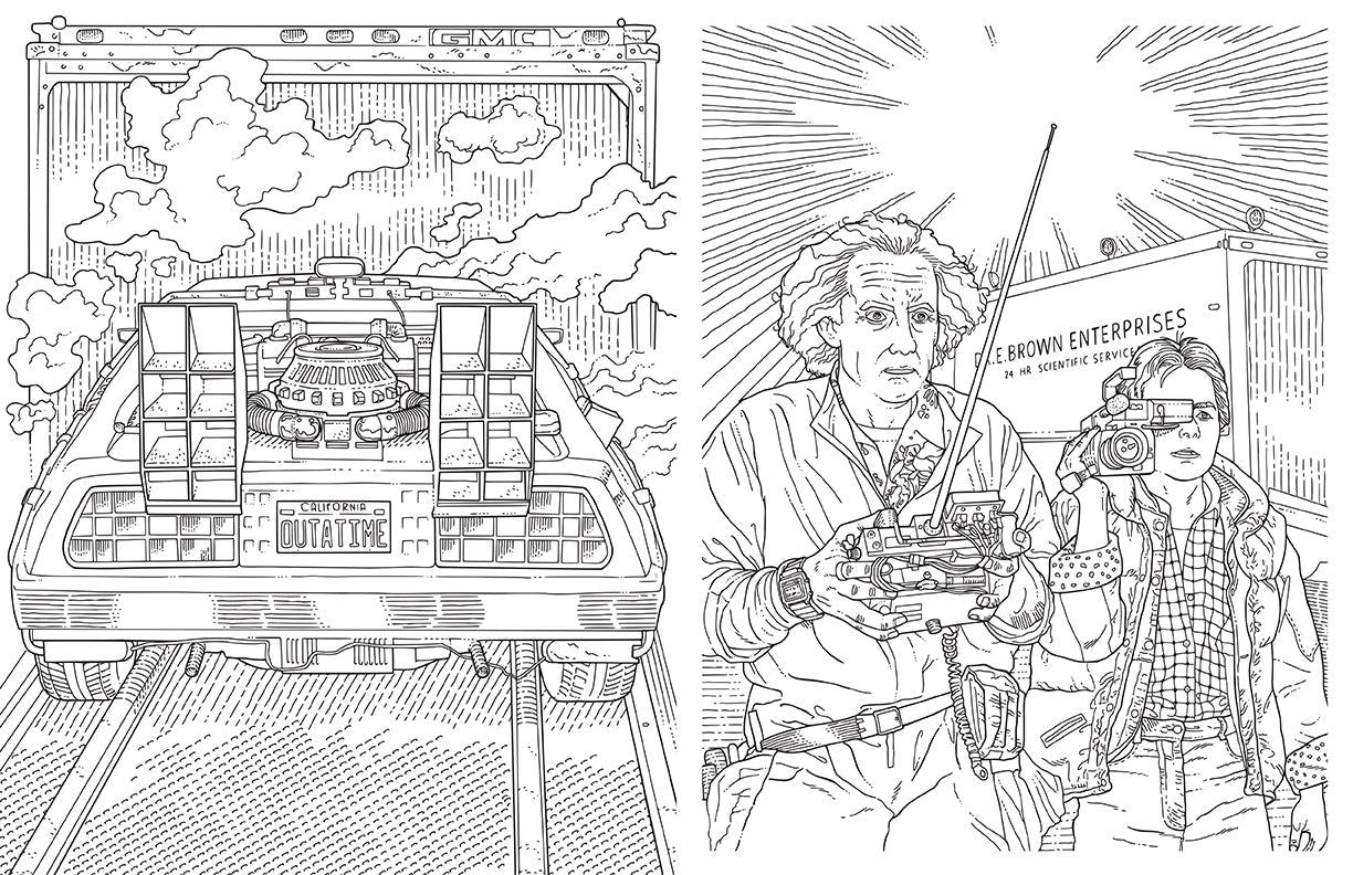 Softcover coloring book titled "Back to the Future: The Official Coloring Book" by Insight Editions featuring iconic characters and scenes.