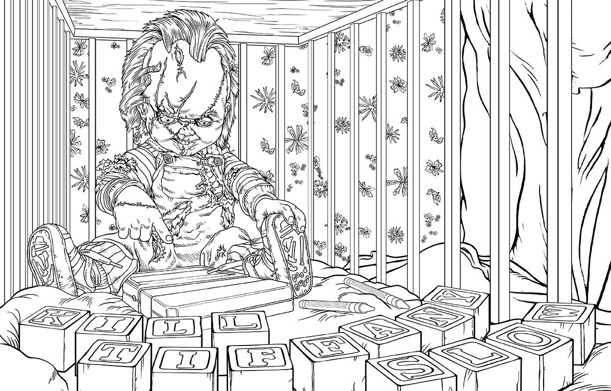 Softcover Chucky coloring book by Insight Editions featuring a spooky doll character on the cover page.