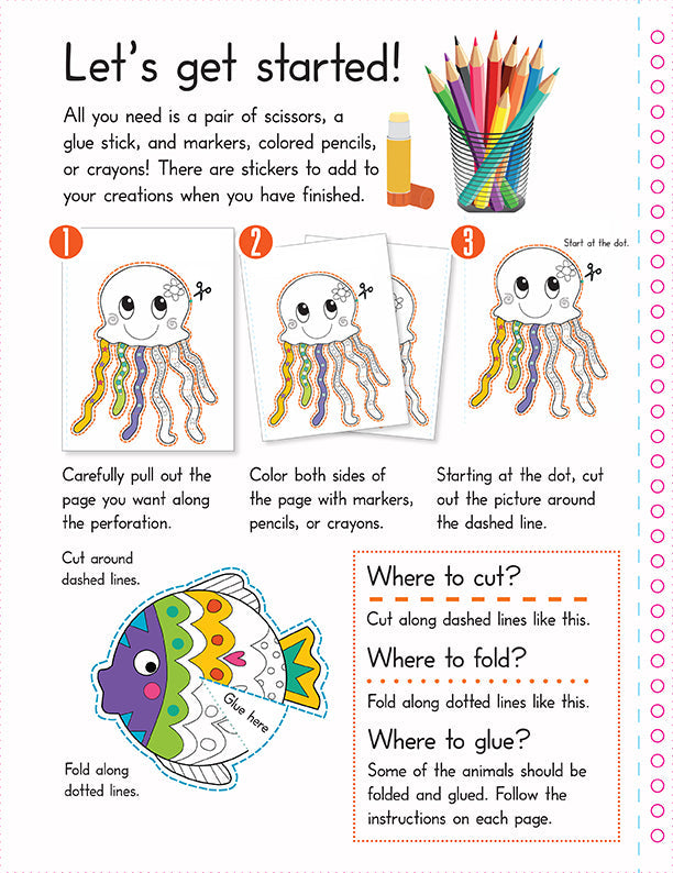 Softcover book titled "Color, Cut, and Fold: Ocean Animals" by Insight Editions featuring vibrant ocean creature illustrations.