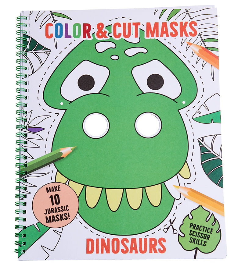 Color & Cut Masks: Dinosaurs softcover book by Insight Editions featuring dinosaur-themed mask designs and colorful illustrations.