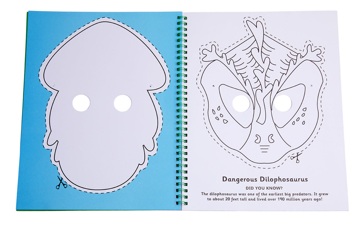 Softcover "Color & Cut Masks: Dinosaurs" book by Insight Editions featuring colorful dinosaur mask illustrations.