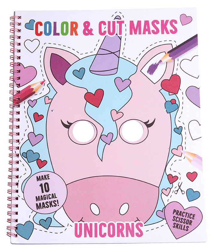 Color & Cut Masks: Unicorns softcover book by Insight Editions featuring whimsical unicorn-themed illustrations and designs.