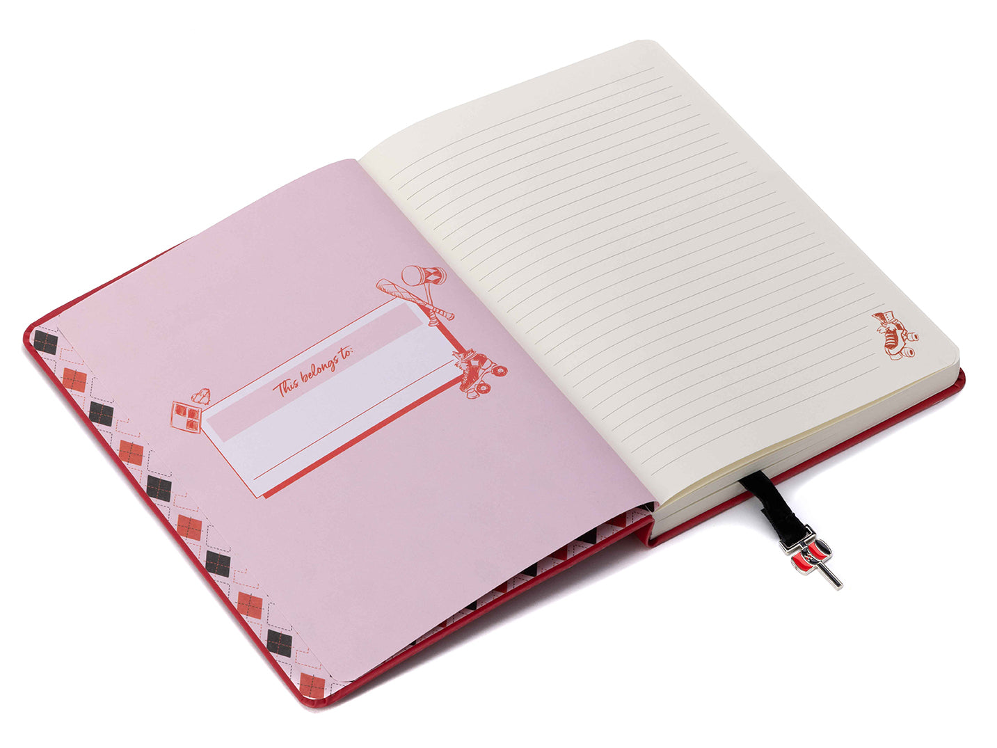 Softcover DC Harley Quinn journal by Insight Editions with ribbon charm, featuring colorful Harley Quinn artwork on the cover.