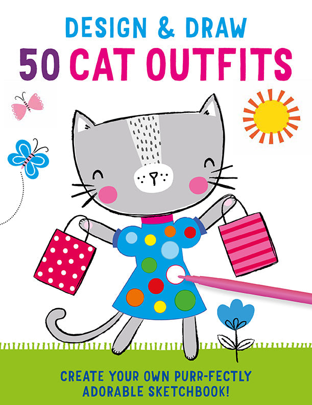 Softcover book titled "Design and Draw 50 Cat Outfits" by Insight Editions, featuring colorful feline costume illustrations.