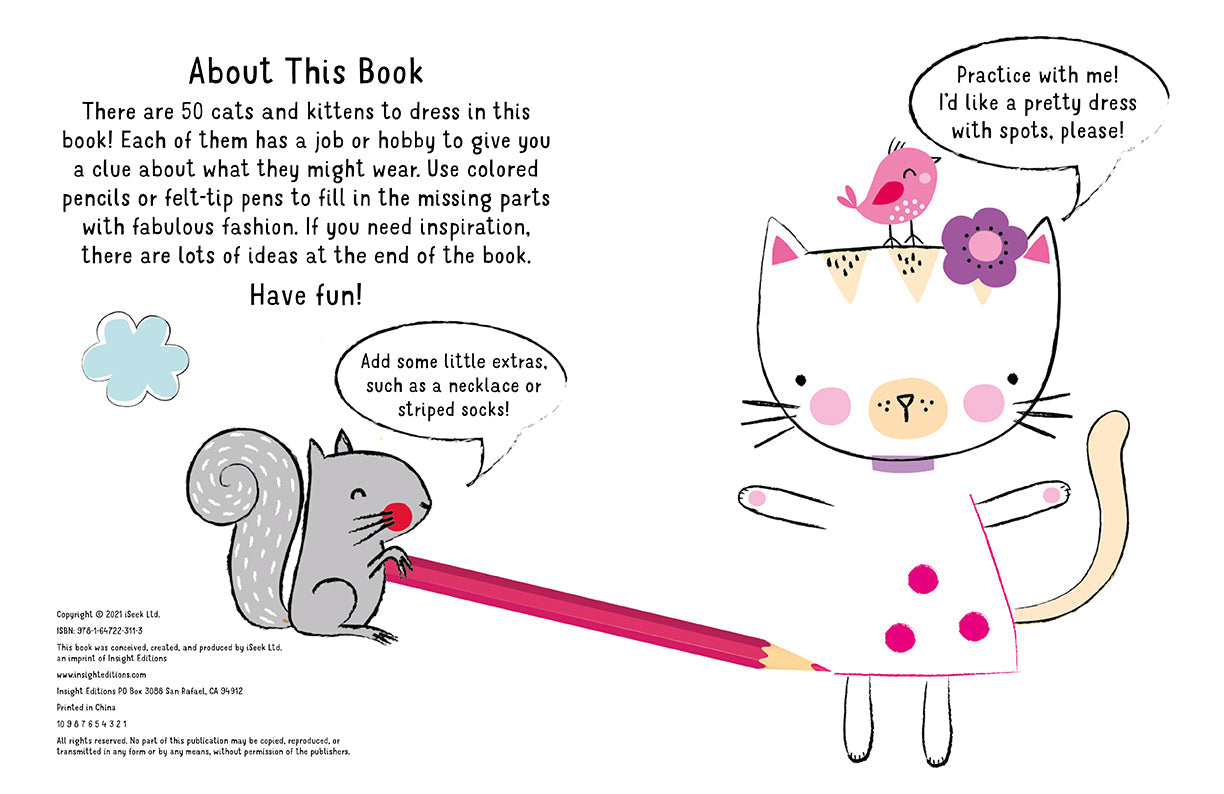 Softcover "Design and Draw 50 Cat Outfits" book by Insight Editions, featuring colorful illustrated cat clothing designs.