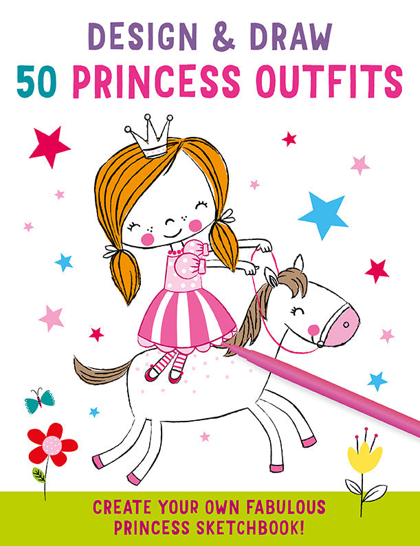 Softcover book titled "Design and Draw 50 Princess Outfits" by Insight Editions featuring colorful princess costume illustrations.
