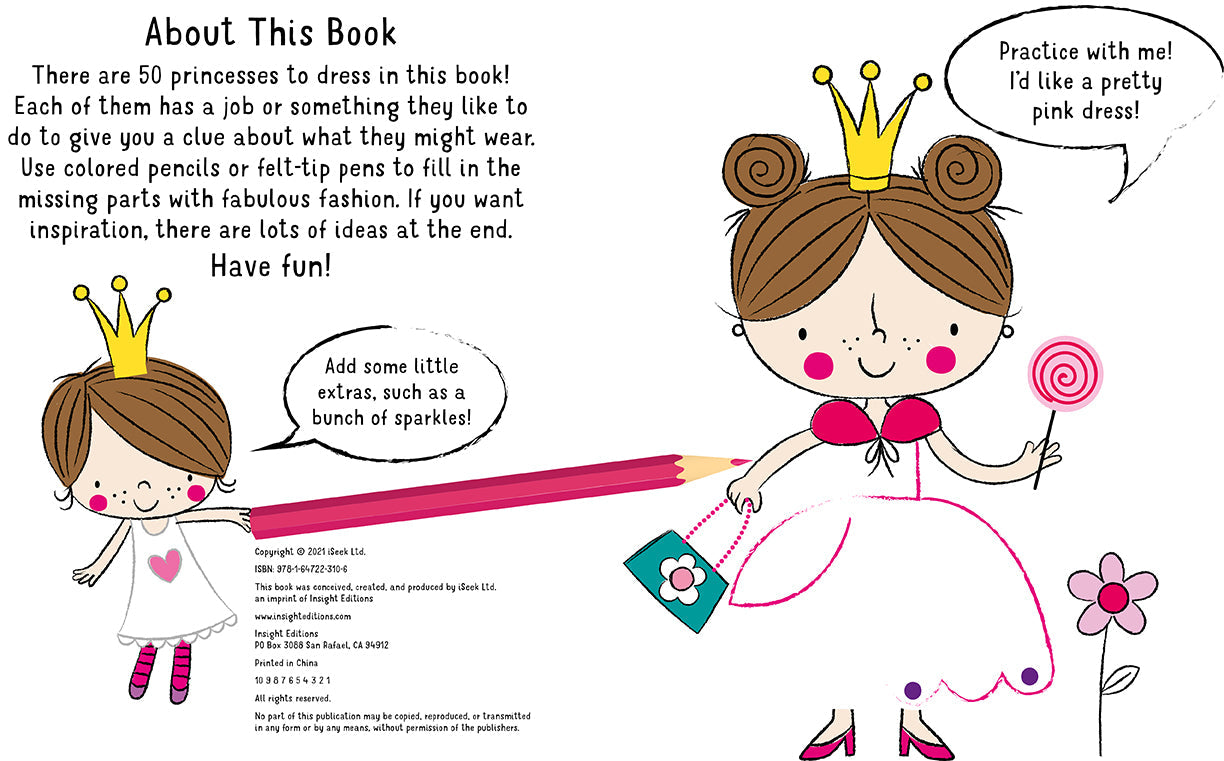 Softcover book titled "Design and Draw 50 Princess Outfits" by Insight Editions, featuring colorful princess costume illustrations.