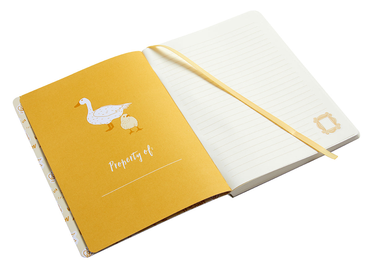 Friends softcover notebook with yellow frame cover, Insight Editions brand, featuring a colorful design and spiral binding.