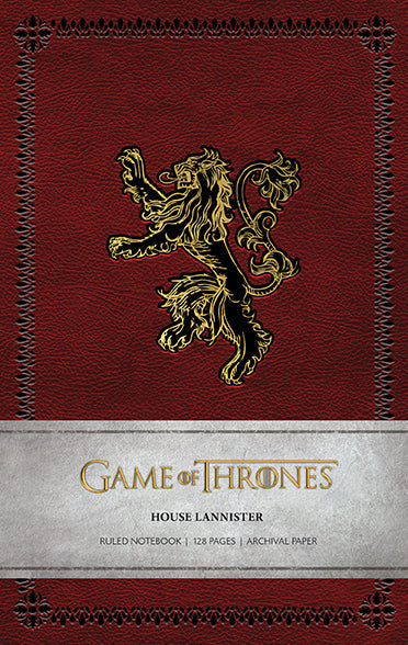 Softcover Game of Thrones House Lannister ruled notebook with emblem and gold accents, by Insight Editions.