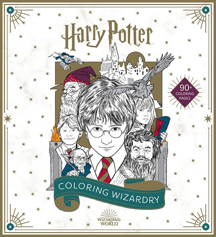 Softcover Harry Potter coloring book titled "Coloring Wizardry" by Insight Editions, featuring magical illustrations on the cover.