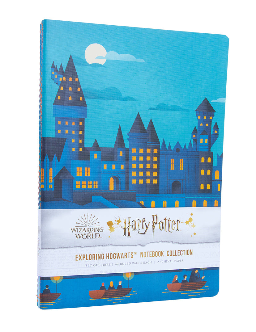 Set of three Harry Potter softcover Hogwarts exploring sewn notebooks by Insight Editions with magical cover designs.