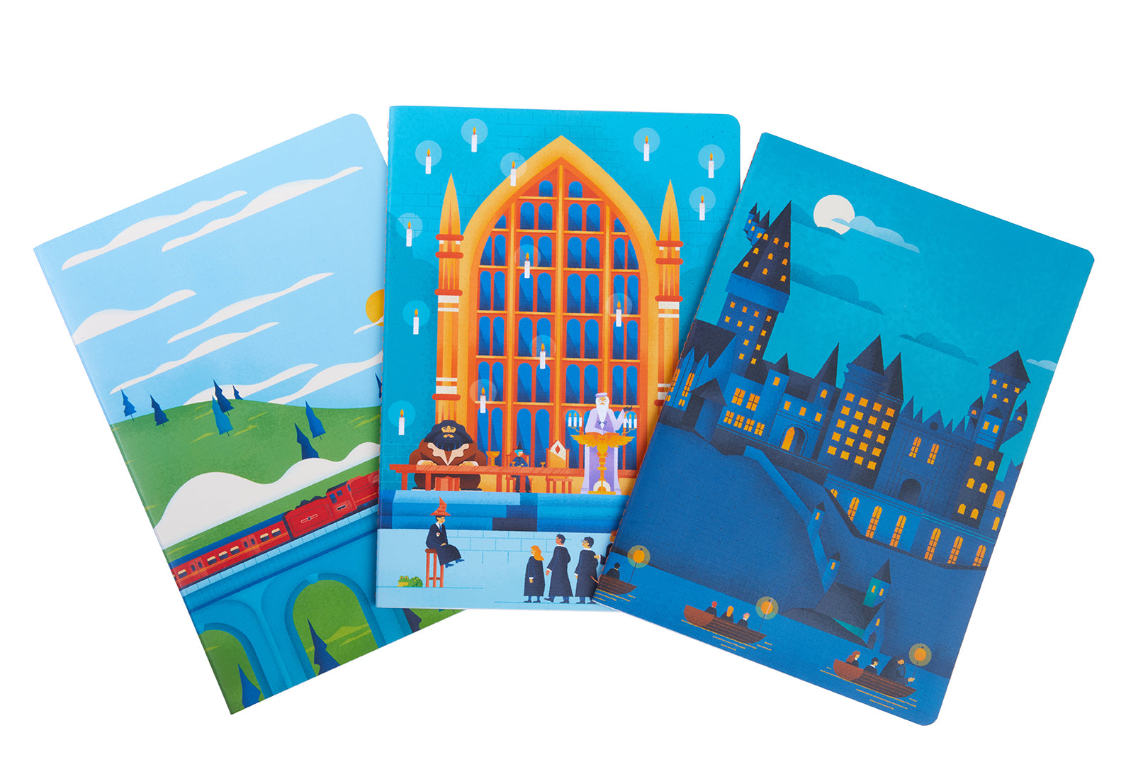 Set of three Harry Potter Hogwarts sewn softcover notebooks from Insight Editions, featuring magical interior pages.