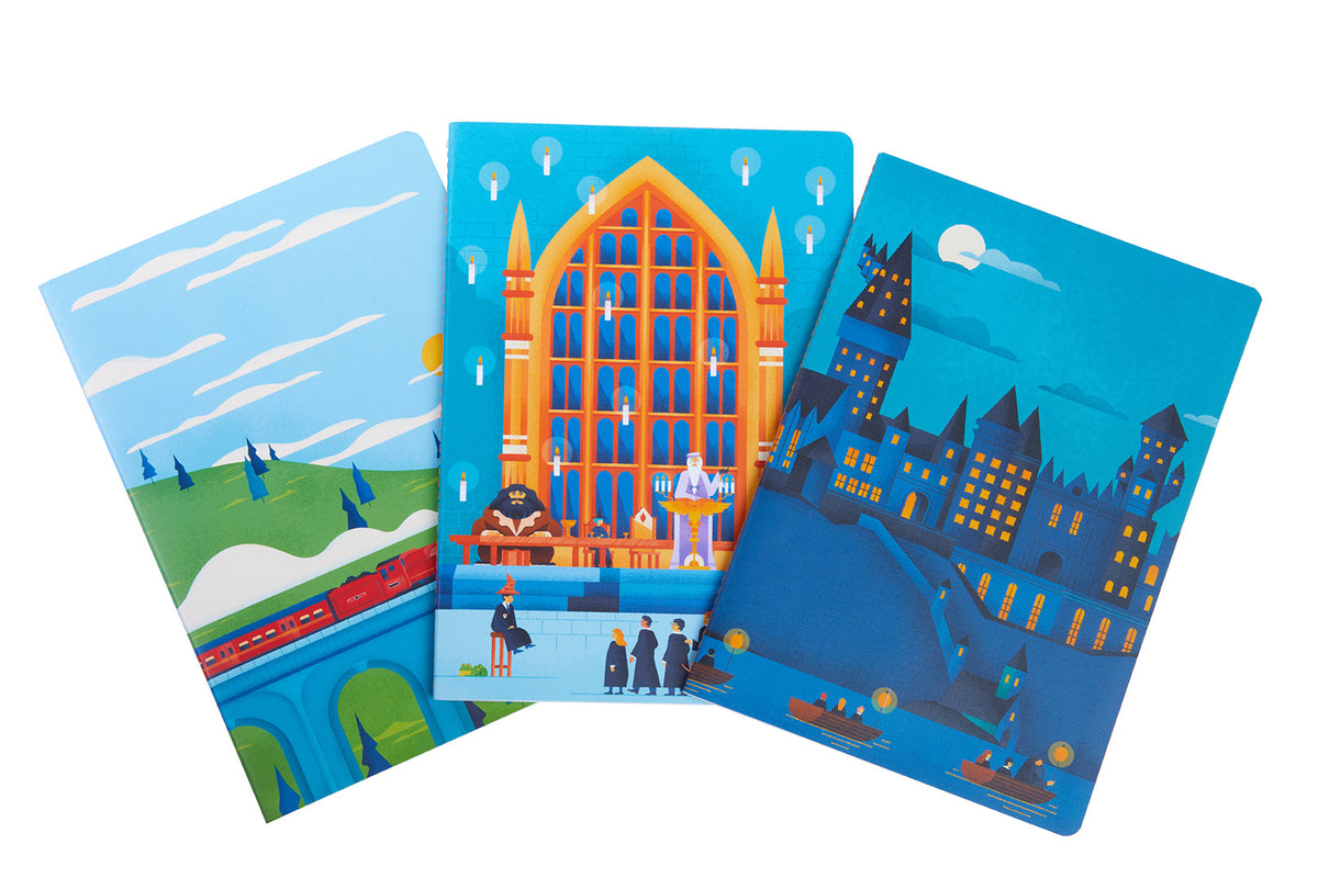 Set of three Harry Potter Hogwarts sewn softcover notebooks from Insight Editions, featuring magical interior pages.