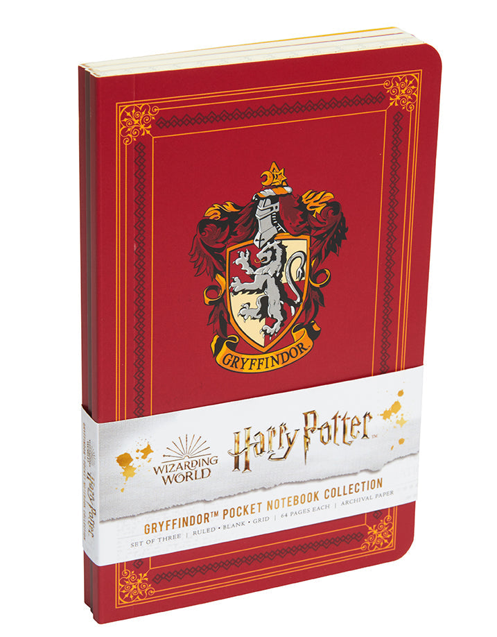 Set of three softcover Harry Potter Gryffindor pocket notebooks from Insight Editions, featuring house crest designs.