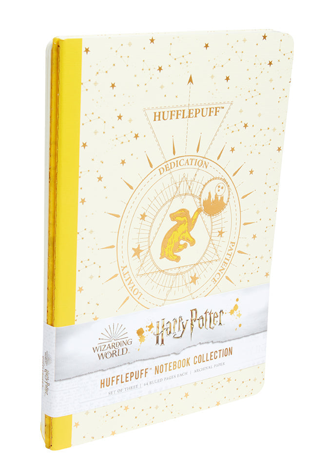 Set of 3 Harry Potter Hufflepuff constellation sewn softcover notebooks by Insight Editions, featuring magical wizarding designs.
