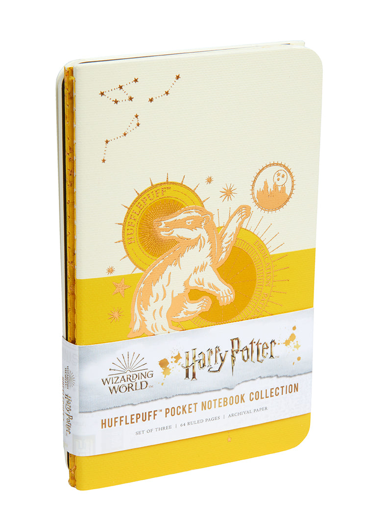 Set of three Harry Potter Hufflepuff constellation sewn pocket notebooks by Insight Editions, softcover with celestial Hufflepuff designs.