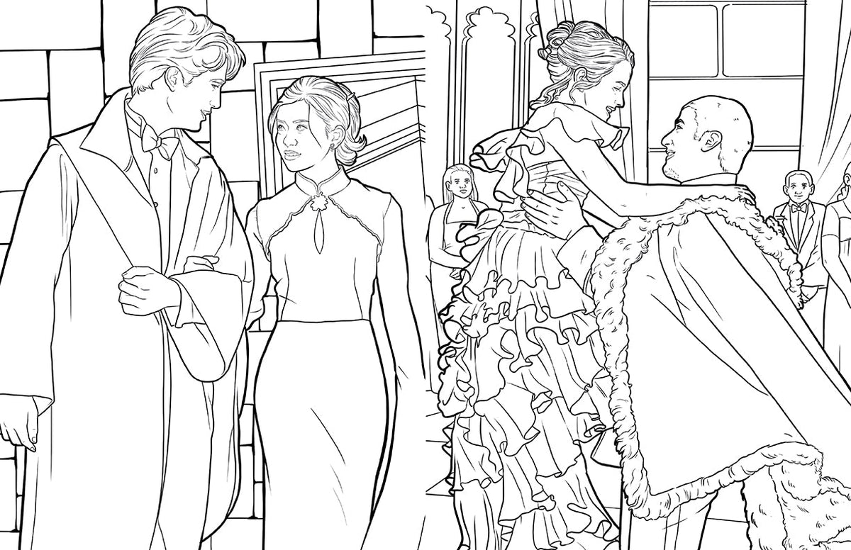 Interior page of Harry Potter Hufflepuff House Pride coloring book by Insight Editions, featuring detailed illustrations for coloring.