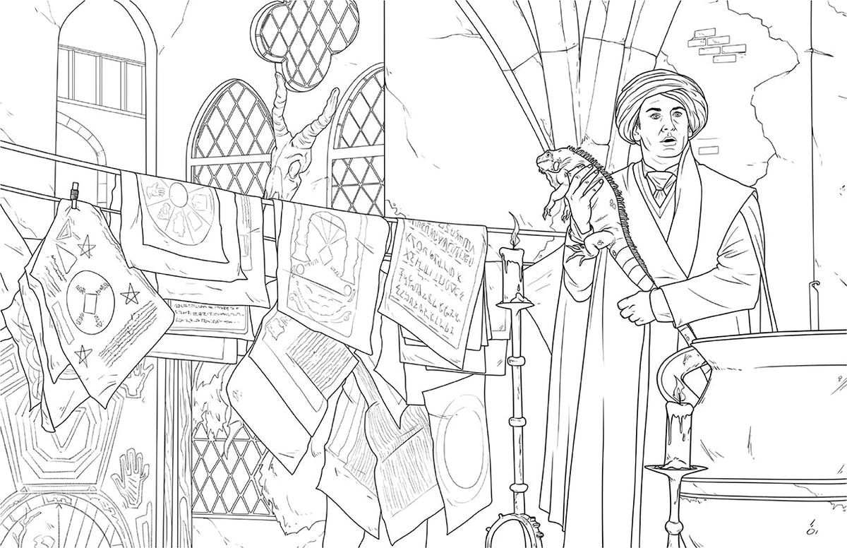 Open Harry Potter Ravenclaw House Pride coloring book by Insight Editions showing detailed interior pages on softcover.