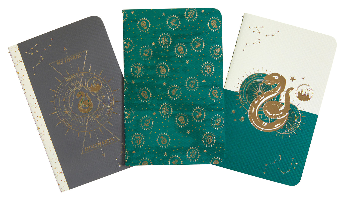 Set of 3 Harry Potter Slytherin constellation sewn pocket notebooks by Insight Editions, softcover with magical themed designs.