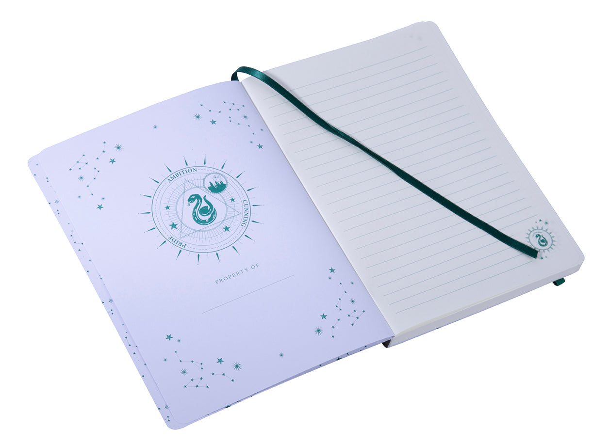 Slytherin Constellation softcover notebook with Harry Potter branding, featuring a dark green cover with constellation designs.
