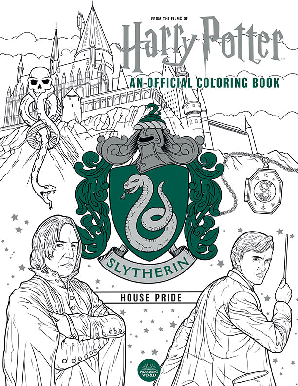 Softcover Harry Potter Slytherin House Pride coloring book by Insight Editions featuring themed illustrations and Slytherin crest.