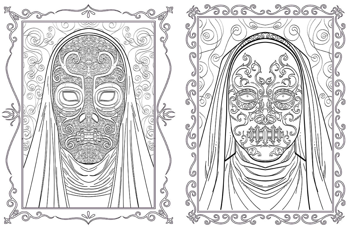 Open softcover Harry Potter Slytherin coloring book by Insight Editions, featuring detailed house-themed illustrations on interior pages.