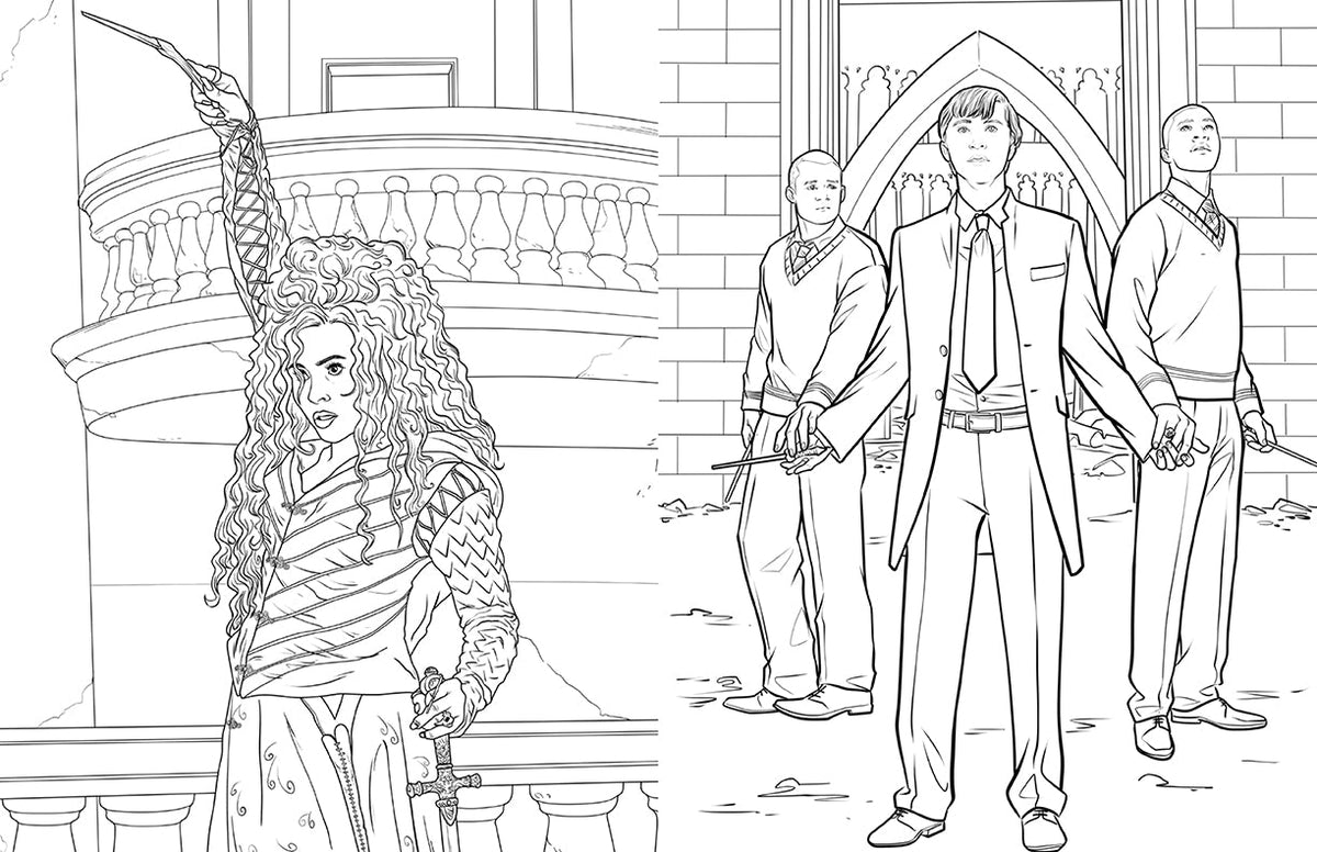 Interior page of Harry Potter Slytherin House Pride coloring book by Insight Editions, featuring detailed illustrations for coloring.