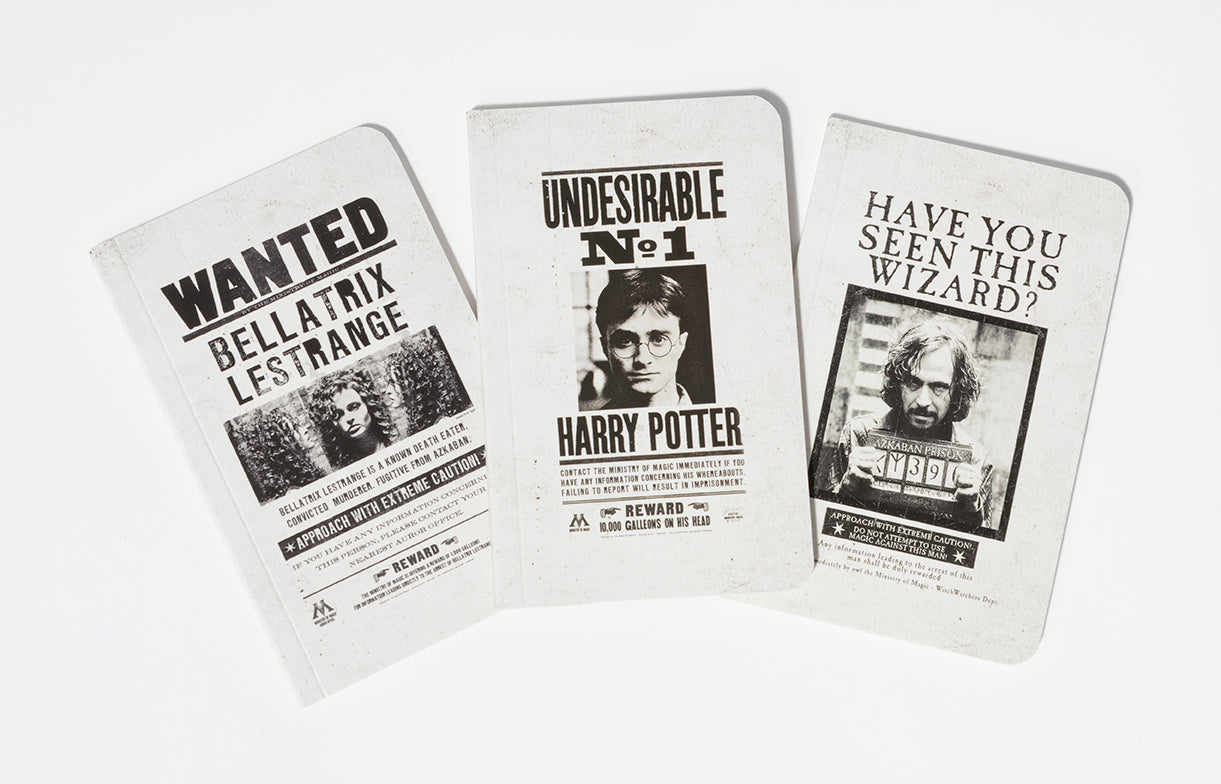 Set of 3 Harry Potter Wanted Posters softcover pocket notebooks by Insight Editions, featuring magical character illustrations.