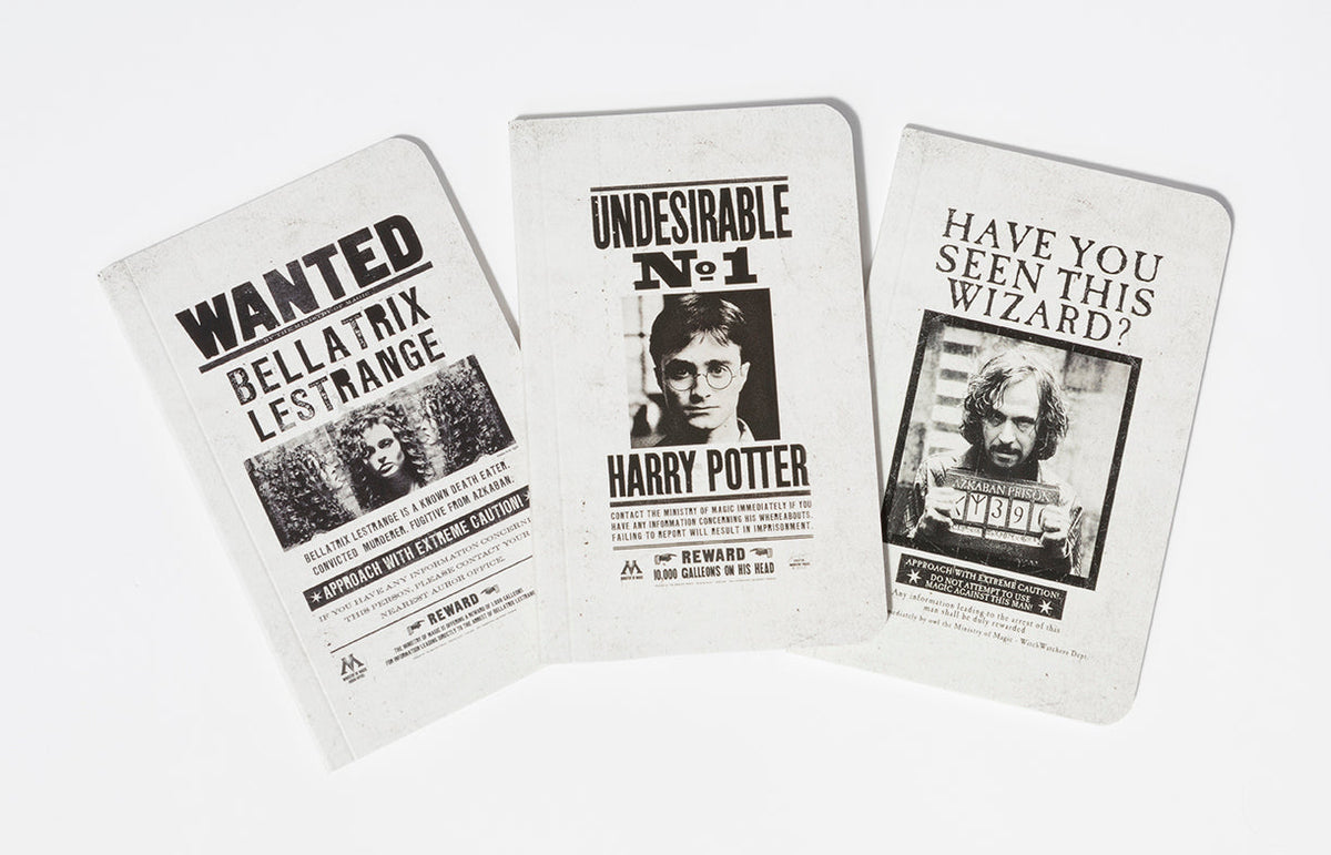 Set of three Harry Potter Wanted Posters hardcover notebooks by Insight Editions featuring magical character designs on the covers.