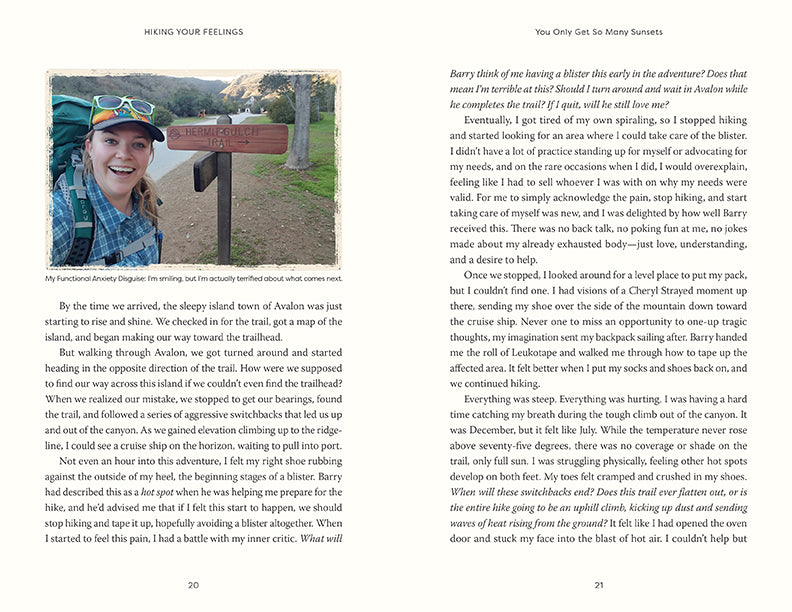 Softcover book titled "Hiking Your Feelings" by Insight Editions with a nature-themed cover design.