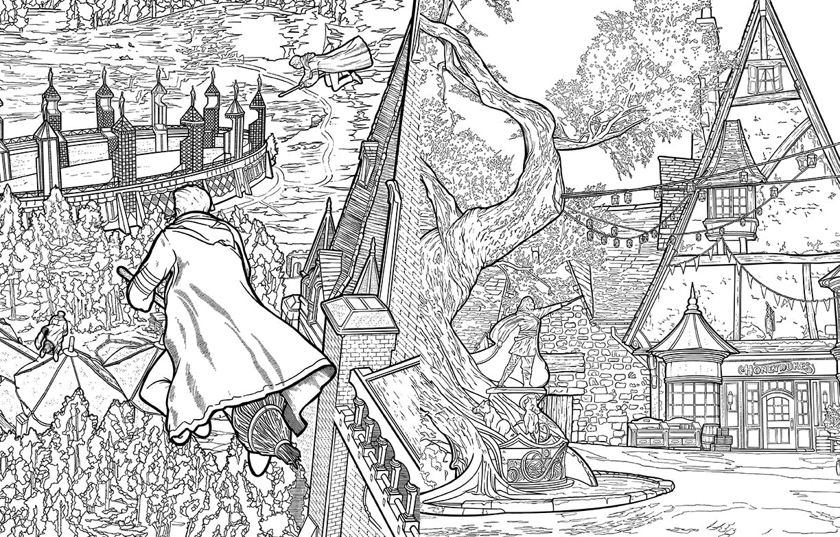Softcover Hogwarts Legacy coloring book by Insight Editions featuring magical scenes from the official Harry Potter-themed coloring book.