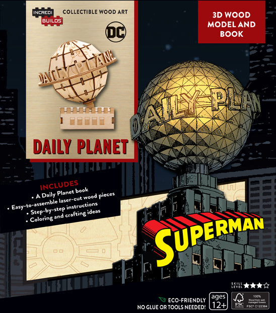 Softcover IncrediBuilds DC Comics Superman Daily Planet 3D wood model and book by Insight Editions, featuring Superman and Daily Planet imagery.