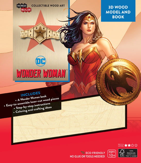 Softcover DC Comics Wonder Woman 3D wood model and book by IncrediBuilds, featuring detailed illustrations and packaging.