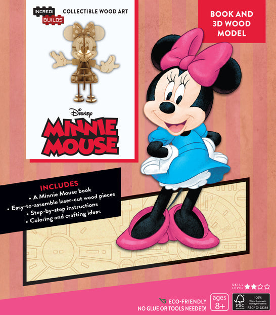Softcover Disney Minnie Mouse book and 3D wood model by IncrediBuilds, featuring colorful illustrations and a detailed craft model.