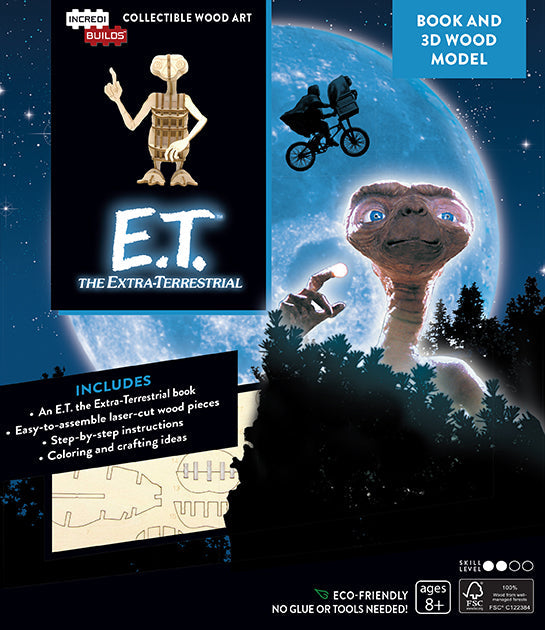 Softcover IncrediBuilds E.T. the Extra-Terrestrial book with 3D wood model by Insight Editions, showing the book cover and model details.