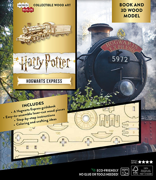 Softcover Harry Potter Hogwarts Express book and 3D wood model by IncrediBuilds, featuring detailed illustrations and model components.