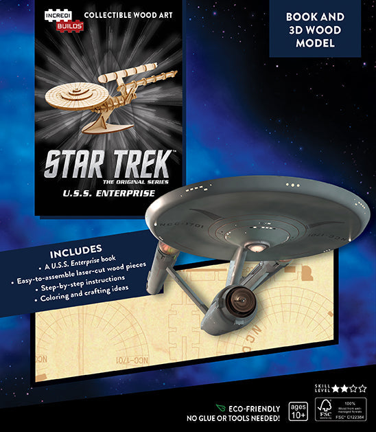 Softcover Star Trek U.S.S. Enterprise book and 3D wood model by IncrediBuilds, featuring detailed model and colorful cover art.