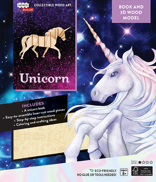 Insight Editions IncrediBuilds Unicorn book and 3D wood model softcover with colorful unicorn illustration and assembled wooden figure.
