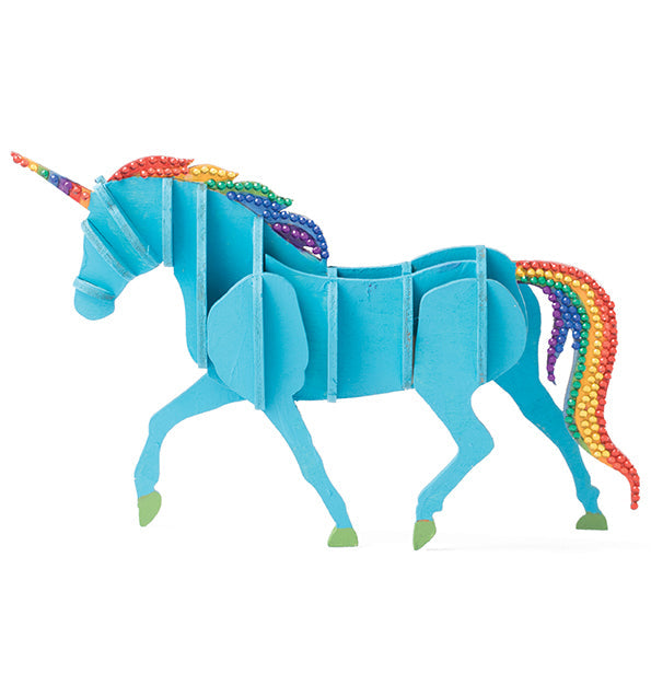 Insight Editions IncrediBuilds Unicorn book and 3D wood model softcover with colorful unicorn illustration and assembled wooden model.