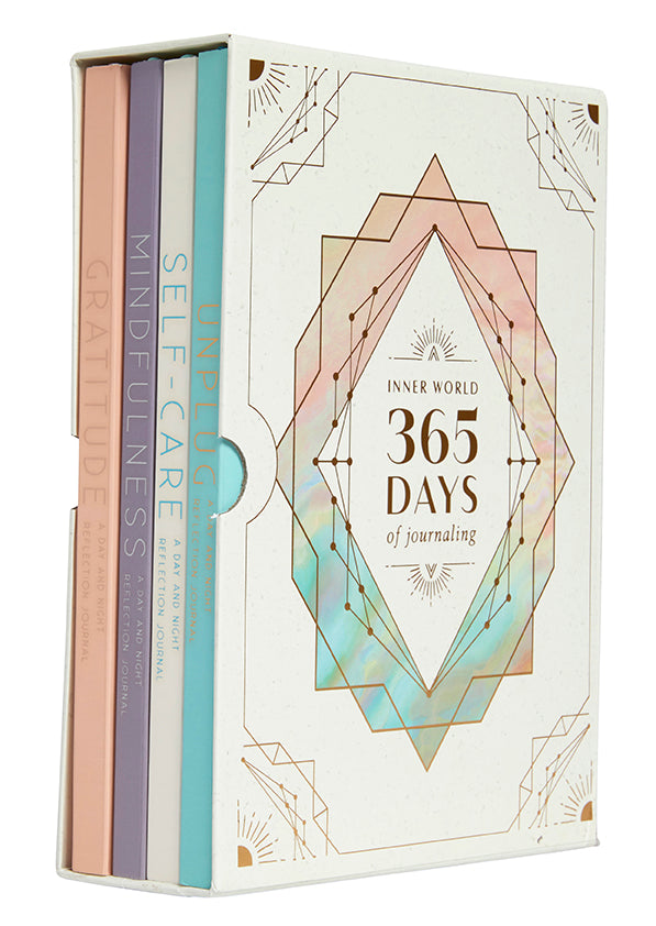 Insight Editions Inner World 365 Day Journaling Boxed Set with softcover notebooks and colorful illustrations for daily reflection.